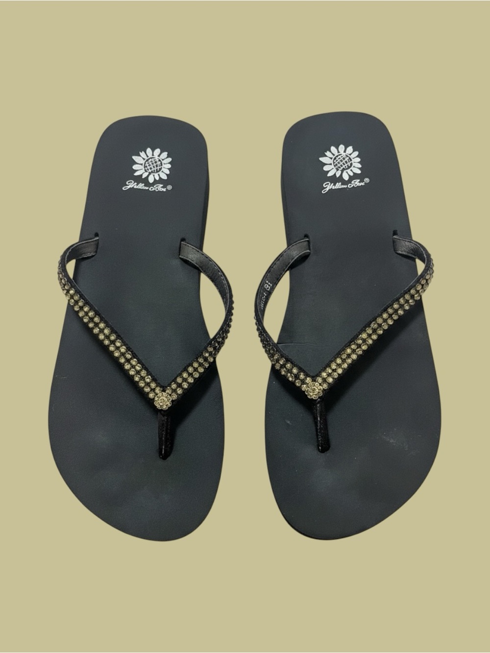 Yellow Box Rhinestone Flip Flops Black Comfort Sandals Size 8.5 - Picture 1 of 6
